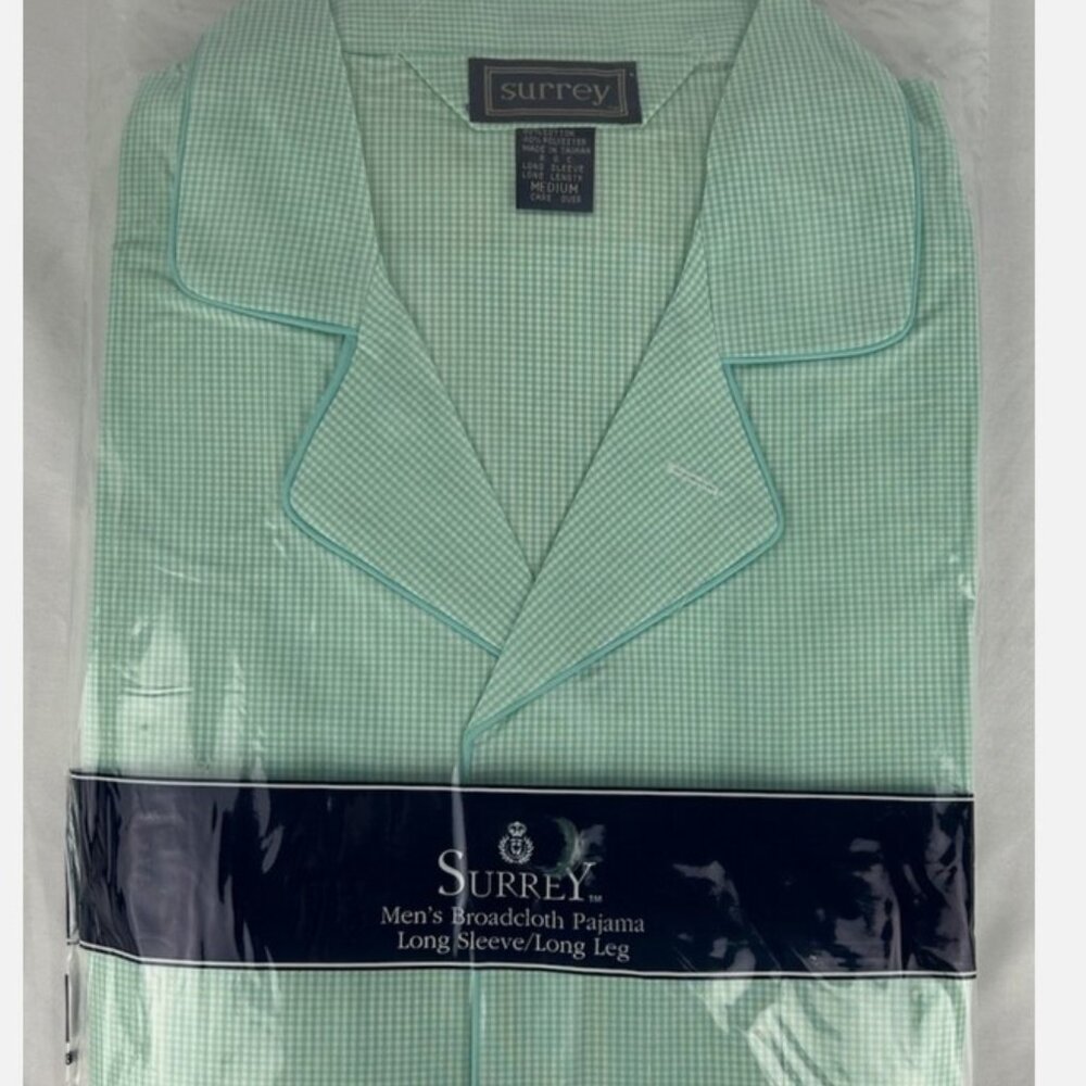 Vtg NEW Surrey Green White Plaid Check Pajama Set PJs Mens M Long Sleeve 2 PC